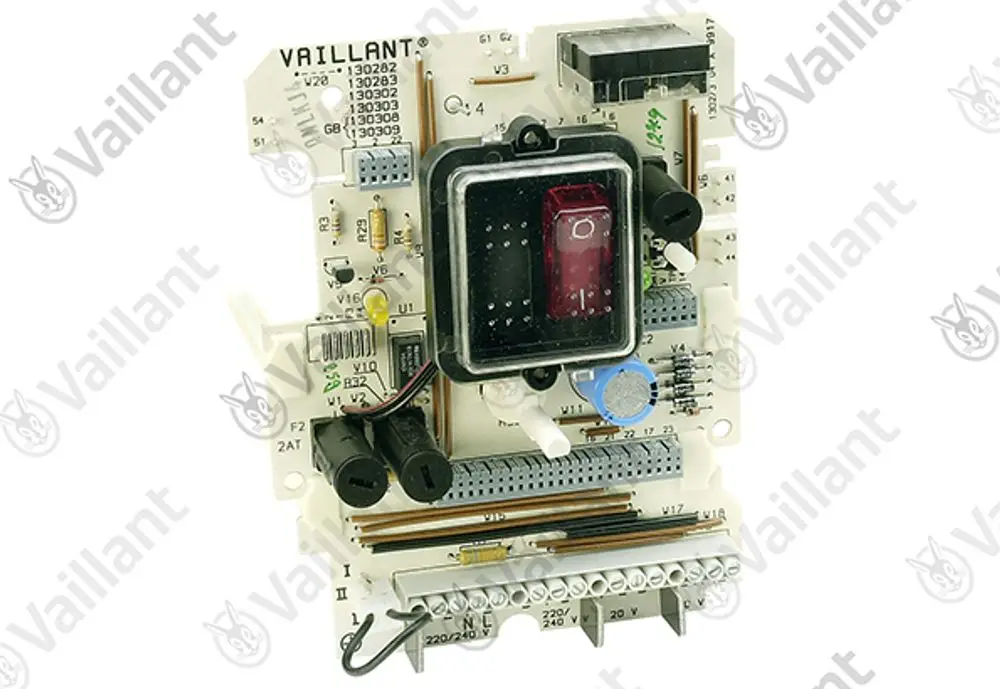 Leiterplatte von Vaillant mit verschiedenen Steckverbindungen, Chips und LED-Anzeige. Die Platine ist für die Steuerung von Heizgeräten ausgelegt.